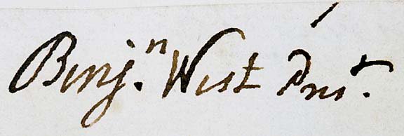 Benjamin West Signature: BENJAMIN WEST, British Portrait Painter, Founder and President of the Royal Academy. Clipped Signature "Benjn. West Prest." as president of England's Royal Academy, no date (between 1768 and 1820), no