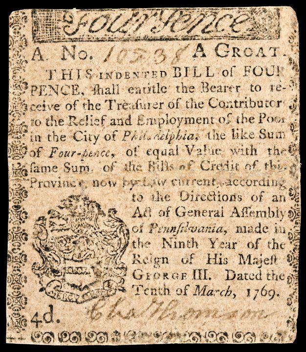 Colonial Currency 1769 PA CHARLES THOMSON Signed: Famous Signers on Colonial Currency March 10, 1769 “Relief and Employment of the Poor - City of Philadelphia” Pence Note Signed By Charles Thomson CHARLES THOMSON (1729 – 1824). Patriot Leader i