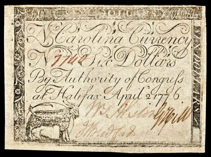 Colonial Currency, NC. April 2, 1776. $6. Goat: North Carolina Currency Handsome April 2, 1776 North Carolina “Goat” North Carolina. April 2, 1776. Six Dollars. “Goat" vignette. About Extremely Fine. Fr. NC-163a. Three signatures and serial n