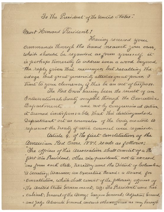Historic Content Red Cross CLARA BARTON Letter: Autographs Superb 1902 “Clara Barton” Autograph Letter Signed “To The President of the United States” (Theodore Roosevelt) CLARA BARTON (1821-1912), Organizer and First President of the Americ