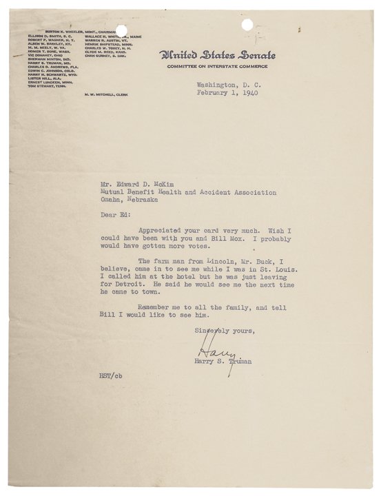 Signed Letters: HARRY S TRUMAN and BESS TRUMAN: Autographs Harry S Truman Thanks a Lincoln, Missouri Supporter HARRY S TRUMAN & BESS TRUMAN. February 1, 1940-Dated, Typed Letter Signed, “Harry”, in black ink on United States Senate letterhead,