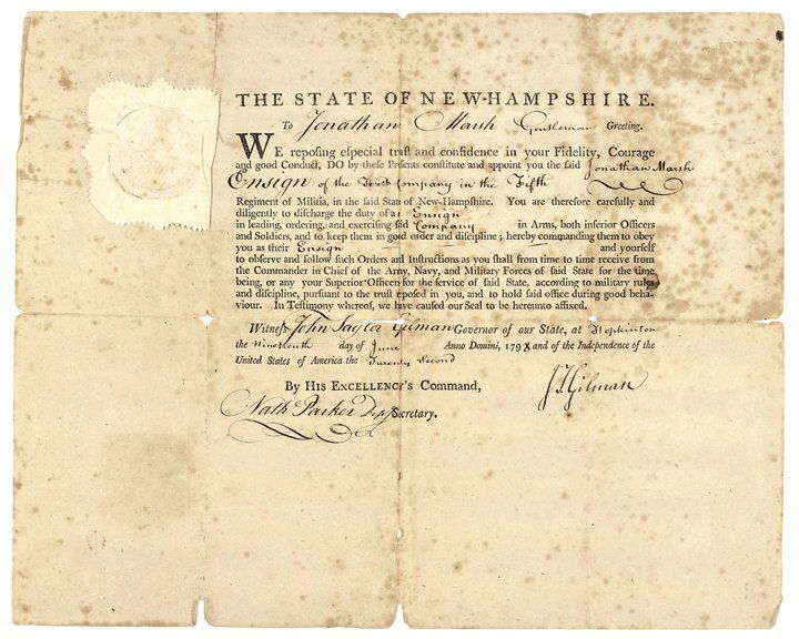 Military Appointment Signed JOHN TAYLOR GILMAN: Autographs Military Appointment Signed by JOHN TAYLOR GILMAN JOHN TAYLOR GILMAN (1753-1828). Two Time Governor of New Hampshire, Farmer, Shipbuilder, and Statesman from Exeter, New Hampshire. He repre