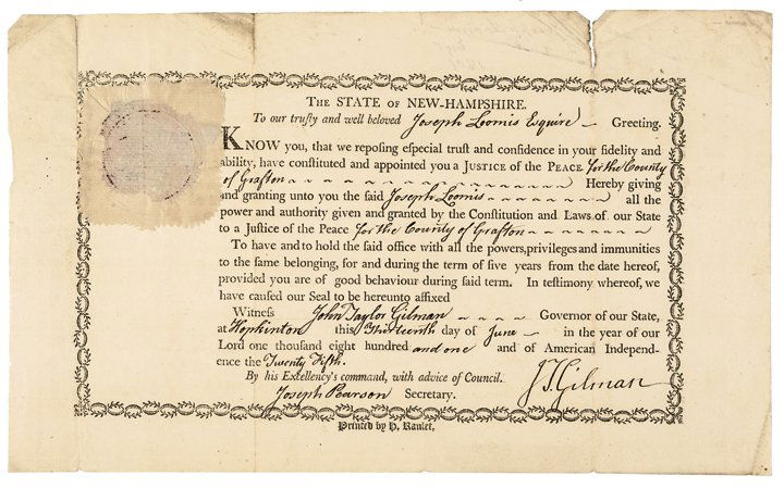 Document Signed by JOHN TAYLOR GILMAN: Autographs 1801 John T. Gilman Signed New Hampshire Appointment JOHN TAYLOR GILMAN (1753 - 1828). Governor of New Hampshire for 14 years, from (1794-1805) and (1813-1816), Continental Congress represe