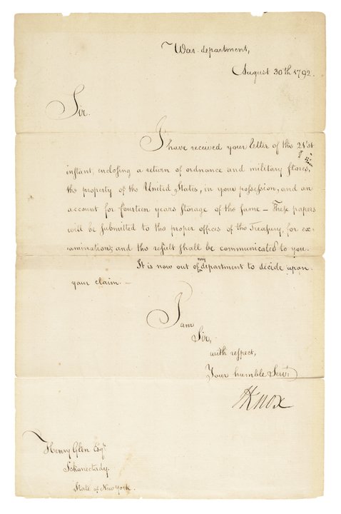 Autograph Letter Signed by HENRY KNOX: Autographs Autograph Letter Signed “H. Knox” as Secretary of War HENRY KNOX, American Revolutionary officer, and Secretary of War under George Washington. August 30, 1792-Dated Autograph Letter Si
