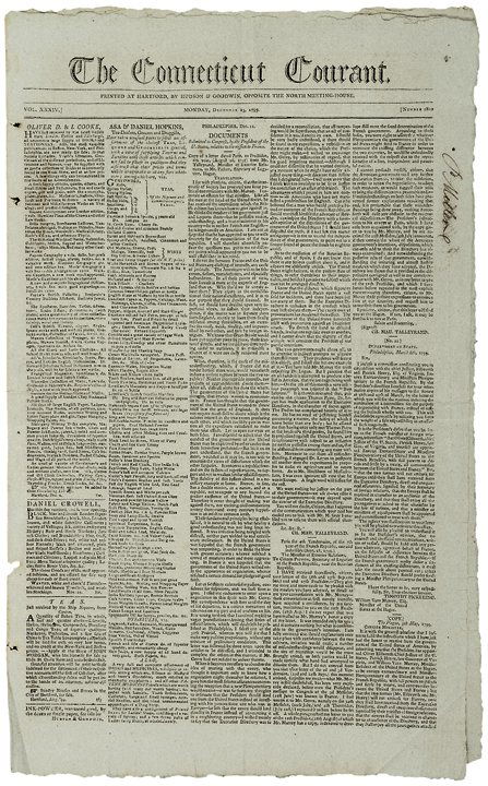 Dec 23, 1799 News: GEORGE WASHINGTON Is No More: Washington Related 1799 Newspaper Report on the Death of George Washington December 23, 1799-Dated, Newspaper, “THE CONNECTICUT COURANT,” with a Notice of the Death of George Washington and other