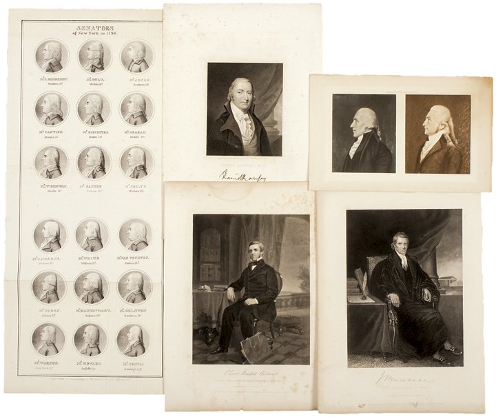 c. 1850-1903 Five Prints of Prominent Americans: Prints Five Portraits Including New York Senators of 1798 c. 1850-1903, Lot of 5 Prints, Containing Portraits of Many Prominent Americans, Including John Marshall, Aaron Burr and Dr. David Ramsay, Ste