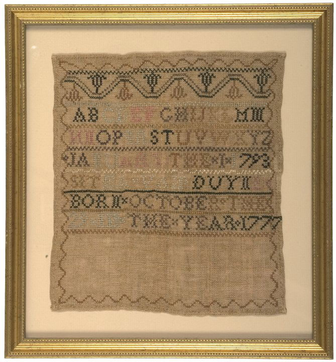 1793 Federal Period Handsome American Sampler: Historic Americana 1793-Dated Federal Period American Silk & Linen Sampler 1793-Dated Federal Period, Sampler, Colored Silk Upon Linen, With Name, Age and Dated, Plus Alphabet, Framed, Choice Very Fin