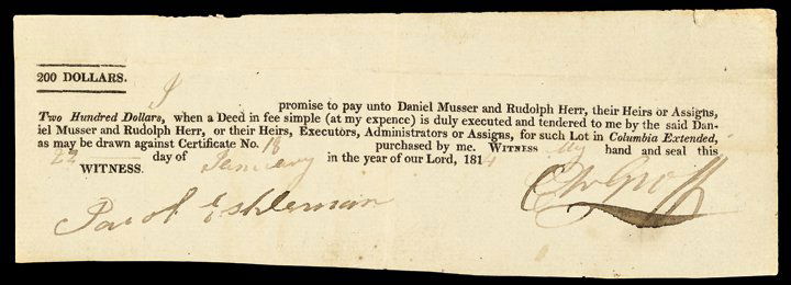 1814 LAND Lottery Ticket $200 For a Property Lot: Colonial Lottery Extremely Rare 1814-Dated “LAND” Lottery Ticket Columbia (PA.). January 27, 1814 (War of 1812 Era). $200. Land Lottery Ticket for Winning a Property Lot. Partially-Printed Date. C