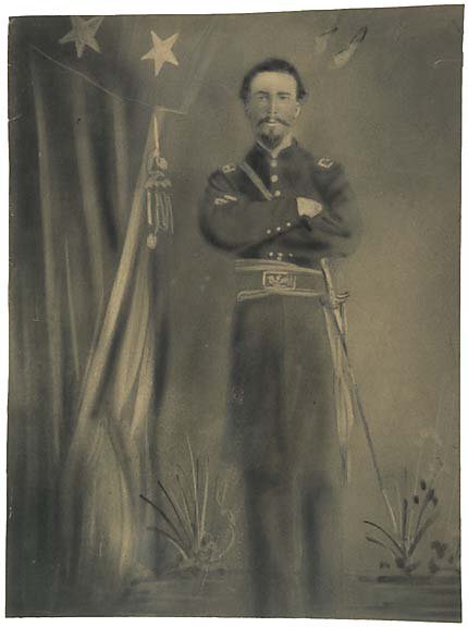 Civil War Drawing of Union Officer: Original Period Charcoal Drawing Of An Unidentified Union Office. 19” x 13.5” full-length standing pose in uniform, his sword at his side, and an American flag in the background. Drawing i