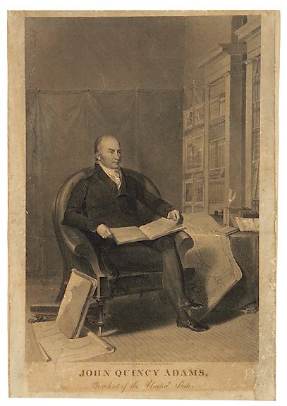 1826 John Q. Adams Engraving, Durand: “JOHN QUINCY ADAMS” Engraving by A.B. Durand. 1826, “JOHN QUINCY ADAMS,” Engraving by A.B. Durand. 22” x 14”, Fine. After the painting by Thomas Sully. A full-lengt