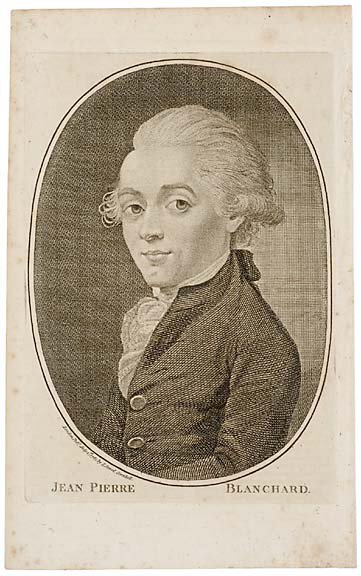 1785 Print of Jean P. Blanchard: 1785 Print: “JEAN PIERRE BLANCHARD,” By J. Sewell, London, England, Choice Very Fine. 6.25” x 4.5” uncolored oval portrait on fine-laid paper, 8.25” x 5.2” overall