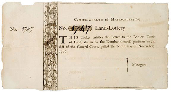 1786 Mass. Land Lottery Ticket: Rare 1786 Massachusetts “Land-Lottery” November 9, 1786, Commonwealth of Massachusetts, “Land-Lottery,” Crisp Complete and Unused. An important, Larger size lottery ticket whic