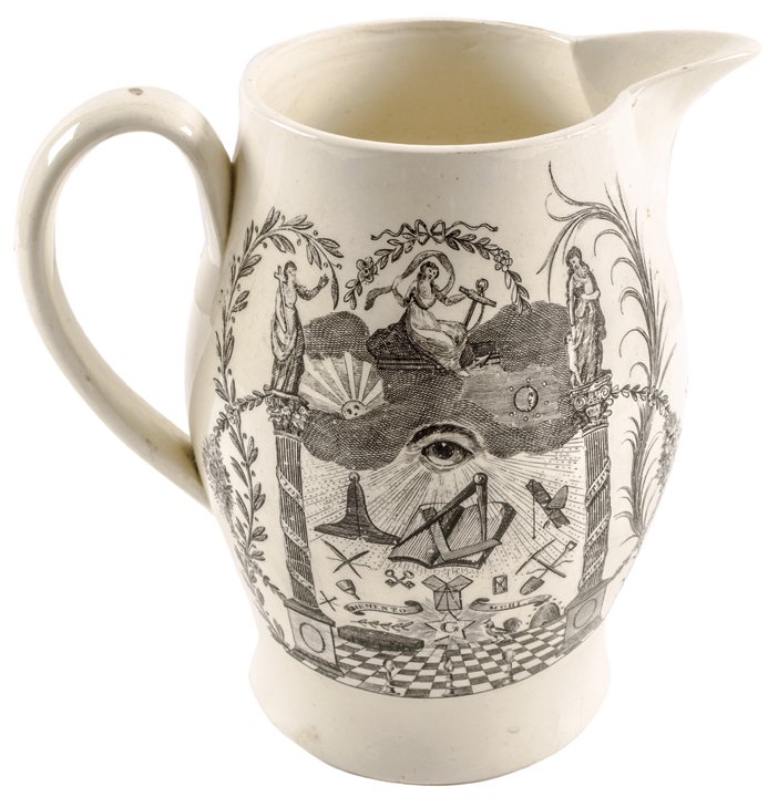Liverpool Creamware Pitcher Ship w/American Flag: Glass and Porcelain c. 1796 Historic Liverpool Creamware Pitcher Featuring An American Sailing Ship Flying a 16-Star American Flag c. 1796 Historic Liverpool Creamware Pitcher or Jug, with Three Trans