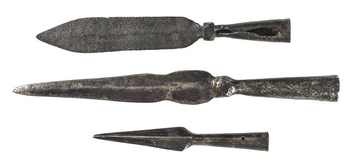 3-Revolutionary War Era Polehead/Spontoon Pikes: Edged Weapons Three Revolutionary War Era Polehead/Spontoon Pikes c.1770 Revolutionary War Era, Trench Polehead Pike - Spontoon, Hand - Forged Iron, with Socket End, Fine. Collection of three (3) Spon