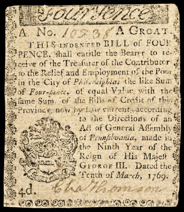 Colonial Currency 1769 PA CHARLES THOMSON Signed: Famous Signers on Colonial Currency March 10, 1769 “Relief and Employment of the Poor - City of Philadelphia” Pence Note Signed By Charles Thomson CHARLES THOMSON (1729 – 1824). Patriot Leader i