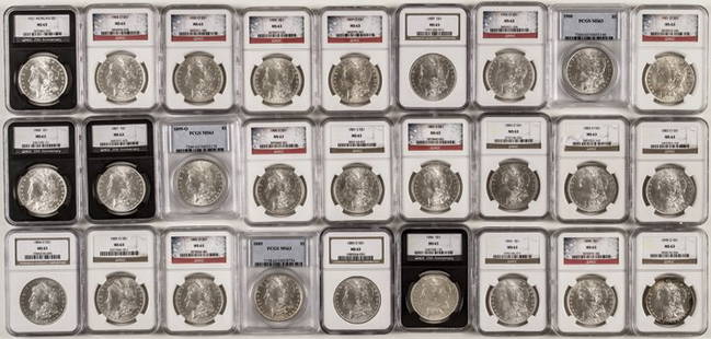 27 Mixed Date Certified MS-63 Morgan Dollars: Silver Dollars Fully Certified Lot 27 Mixed Date MS-63 Morgan Dollars Twenty-Seven Morgan Silver Dollars. Mixed Dates. Fully Certified by NGC or PCGS as Mint State-63. This Fully Certified MS-63 Lot M