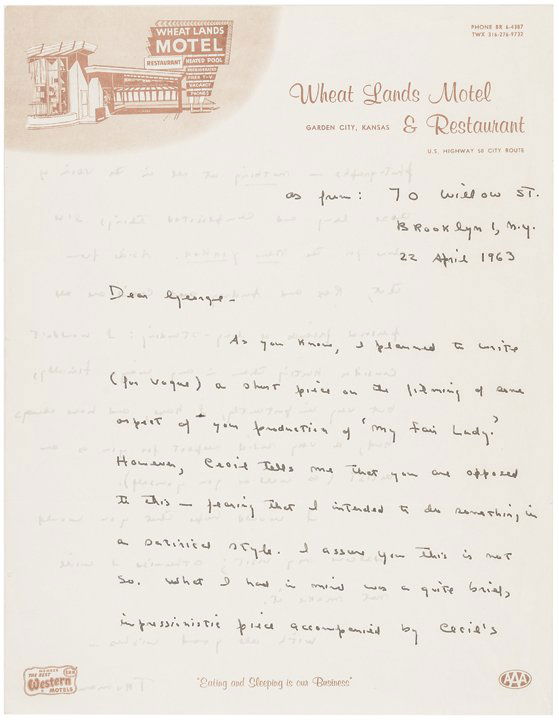TRUMAN CAPOTE Autograph Letter to George Cukor: Autographs Truman Capote Writes to George Cukor Asking His Permission to Write a Story Based Upon My Fair Lady TRUMAN CAPOTE. (Truman Streckfus Persons) known as TRUMAN CAPOTE, (1924-1984). American A