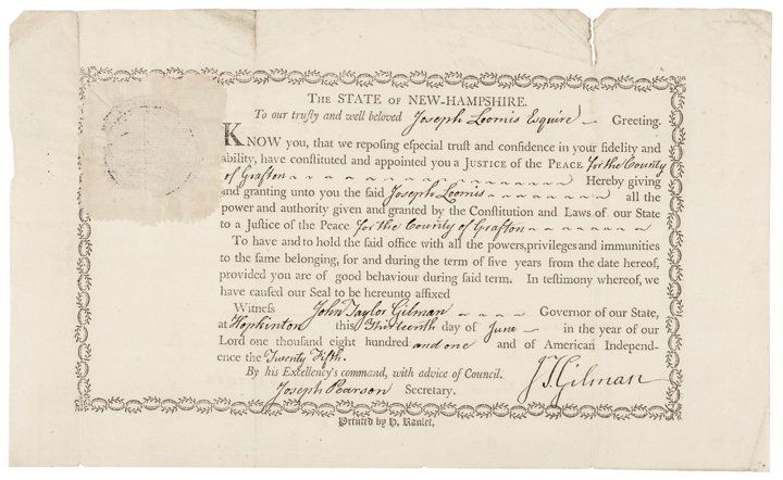 Document Signed by JOHN TAYLOR GILMAN: Autographs John T. Gilman Signed New Hampshire Military Appointment JOHN TAYLOR GILMAN (1753 - 1828). Governor of New Hampshire for 14 years, from (1794-1805) and (1813-1816), Continental Congress rep