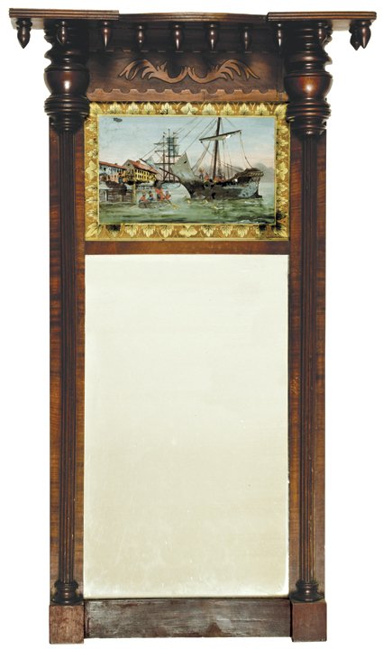 c. 1840-80 Wall Mirror BOSTON TEA PARTY Painting: American Revolution Reverse Painting on Glass Panel of the Boston “Tea Party” c. 1840-80 Wall Mirror with Decorative Eglomise Reverse Painting on Glass Panel with Depiction of the Boston “Tea Pa