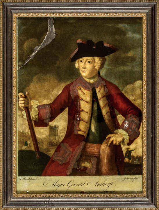 1758 French/Indian War Painting Maj Gen. Amherst: Colonial America Rare & Exceptional Mezzotint Reverse Painting on Glass of Major General Amherst c. 1758 French & Indian War Era c. 1758 French & Indian War Period, Historic Hand-Painted Mezzotint Rev