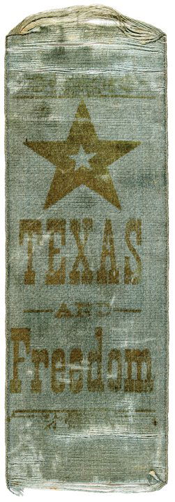 c. 1845 TEXAS AND FREEDOM Lone Star Silk Ribbon: Post-Revolutionary War to Civil War “TEXAS AND FREEDOM” Very Rare Lone Star Silk Ribbon Commemorating Texas Statehood c. 1845, “TEXAS AND FREEDOM” Gold print upon light Blue Silk Ribbon, Comme