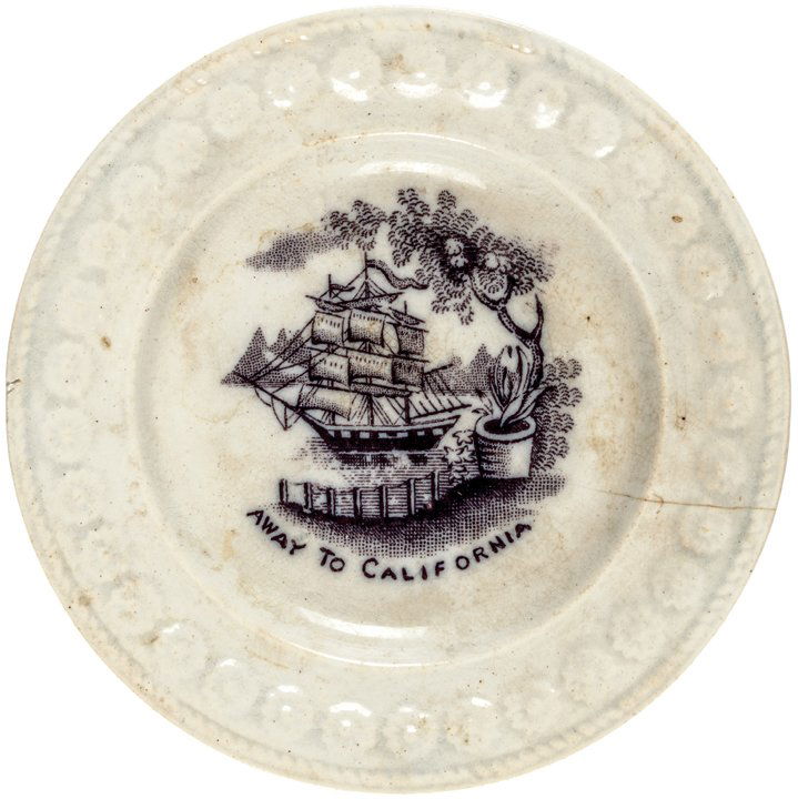 1850-60 AWAY TO CALIFORNIA Calif Gold Rush Plate: Historic Americana California Gold Rush Transferware Miniature Cup Plate c. 1850-60s California Gold Rush Period, Violet Transferware Miniature Cup Plate, Titled "Away to California" by John Thomson &