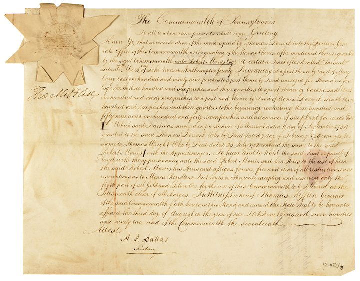 1792 THOMAS MIFFLIN Land Patent To Robert Morris: Autographs Land Patent To Robert Morris Signed by Thomas Mifflin THOMAS MIFFLIN, American Revolutionary General & Statesman; President of the Continental Congress; Signer of the Constitution; Governor