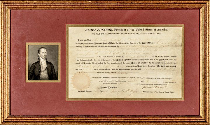 1818 President JAMES MONROE Signed Land Grant: Autographs Rare 1818 Dated “James Monroe” Signed Land Grant JAMES MONROE (1758-1831). 5th President of the United States. During the War of 1812, Monroe held the critical roles of both Secretary o