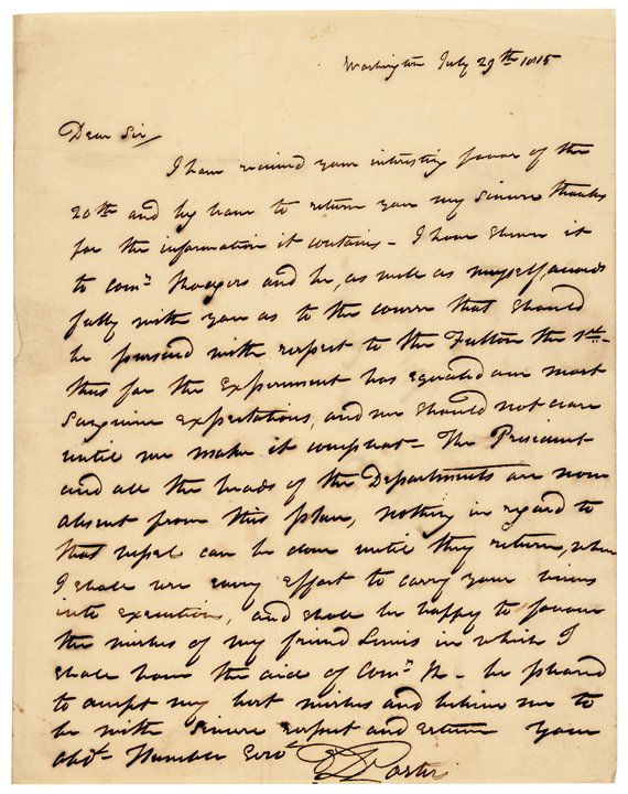 1815 David Porter ALS Fulton’s 1st Steam Warship: Autographs 1815-Dated Commodore David D. Porter Signed Autograph Letter Regarding the First Robert Fulton Steam Powered Warship! “... Thus far the experiment has equaled our most sanguine expectatio