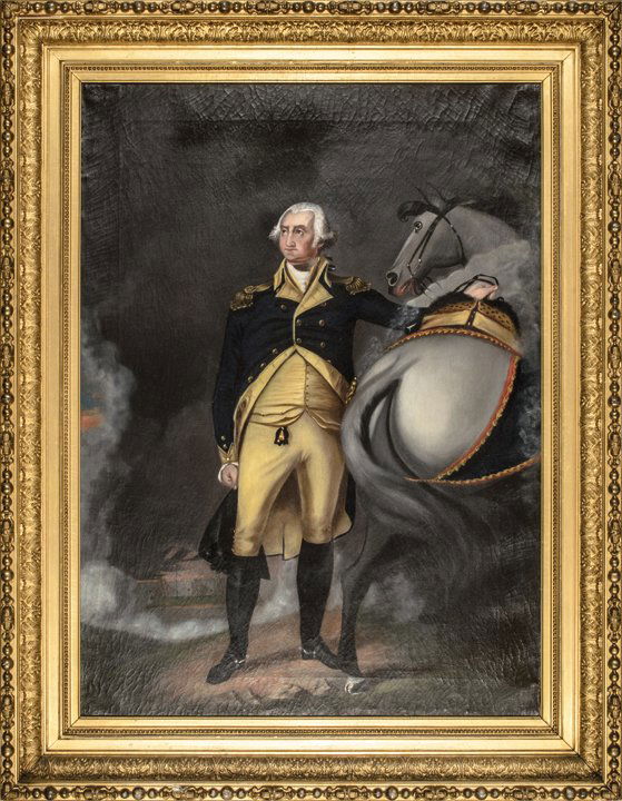 c. 1850 GEORGE WASHINGTON Oil Painting on Canvas: Washington Related George Washington at Dorchester Heights Oil Painting on Canvas After Gilbert Stuart 19th Century Ornately Framed 19th Century, Oil Painting on Canvas, “George Washington at Dorche