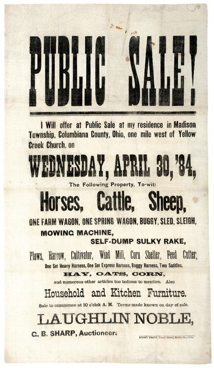 1884 PUBLIC SALE !  Printed Broadside Upon Linen (1 of 2)
