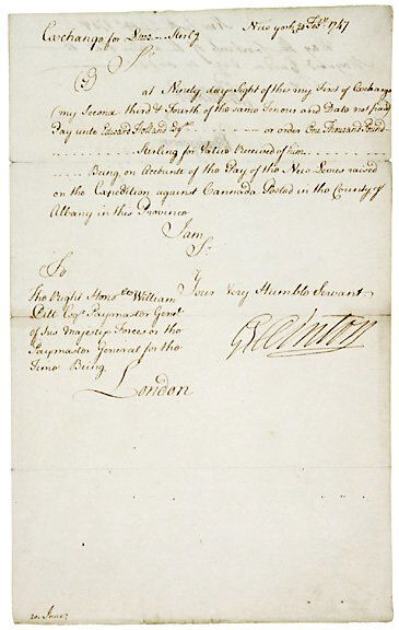George Clinton Signed Document 1747: King Georges War Document Signed by George Clinton GEORGE CLINTON, Colonial Governor of New York. Manuscript Document Signed, "G: Clinton" as Colonial Governor of New York, February 20, 1747, New York
