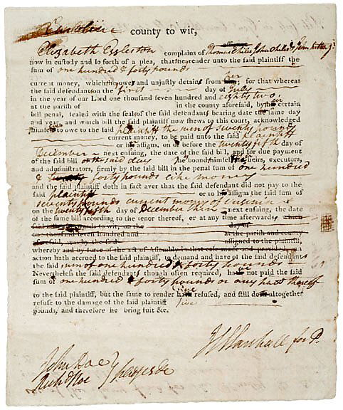 John Marshall Signed Document 1785: Future Supreme Court Chief Justice John Marshall Signs a Legal Complaint, 1785 JOHN MARSHALL, Appointed Chief Justice of the U.S. Supreme Court by President John Adams. Partially Printed Document Sign