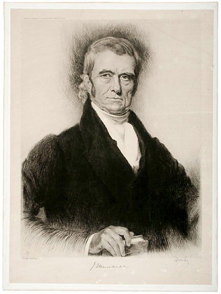 c.1909 Engraving of John Marshall: (JOHN MARSHALL.) Large engraving of John Marshall, after a painting by Henry Inman, and Signed by the artist, "Schneider" in pencil, along the lower right margin, c. 1909, published by Barmore Publish