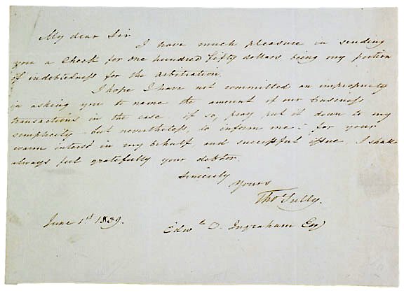 Thomas Sully Signed Letter 1839: THOMAS SULLY, American Artist. Autograph Letter Signed, "Tho Sully," June 1, 1839, [Philadelphia], 5.75" x 8", Very Fine. To Edward D. Ingraham, a prominent attorney, wit, and bibliophile: "I have muc