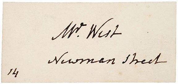 Benjamin West Visiting Card Signed: Artist Benjamin West's Visiting Card BENJAMIN WEST, Portrait and Master Painter, Founder and President of the Royal Academy (1768). Visiting Card Signed: "Mr. West / Newman Street," with the numeral "