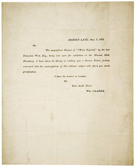 Benjamin West Related Document: (BENJAMIN WEST), British Portrait Painter, Founder and President of the Royal Academy. Printed Document dated September 5, 1831, signed in type by William Clarke, Maiden Lane, (NY), 7.75" x 9.5," Very