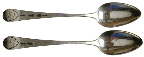 c. 1815, Pair of Coin Silver Coffin End Spoons": Colonial AmericaSuperb Coin Silver Coffin End Spoons by Robert Wilson, NY c. 1815, Pair of Coin Silver Coffin End Spoons, [NY], Choice Very Fine. Each spoon measures 5.5” and features a period s