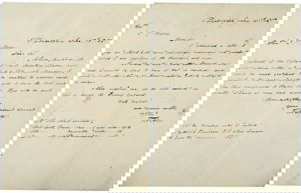 THOMAS SULLY, Two Autograph Letters Signed: AutographsTwo Thomas Sully Signed Letters, 1847 THOMAS SULLY, Early American Portrait Painter. Lot of Two Autograph Letters Signed ""Tho Sully,"" June 13 and June 18, 1847, Philadelphia, PA, one page