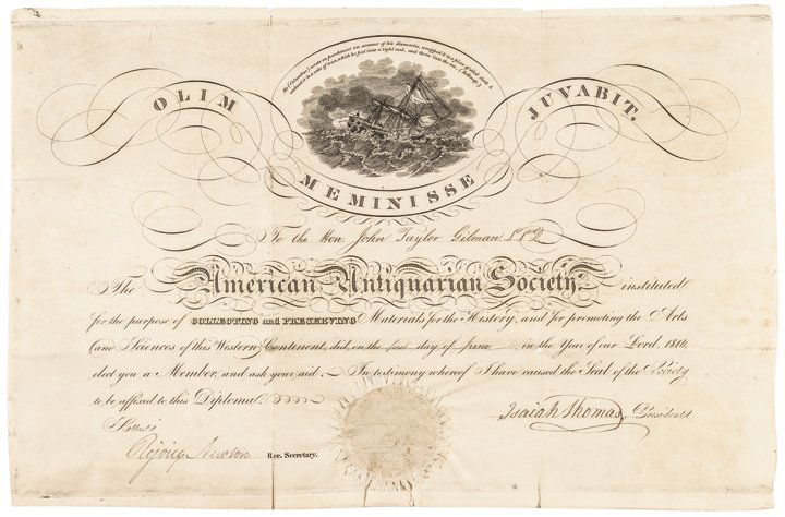 ISAIAH THOMAS Certificate/Gov John Taylor Gilman: Autographs 1814 "Isaiah Thomas" Membership Certificate Signed as President of the American Antiquarian Society to Governor John Taylor Gilman of New Hampshire ISAIAH THOMAS (1749–1831), American new