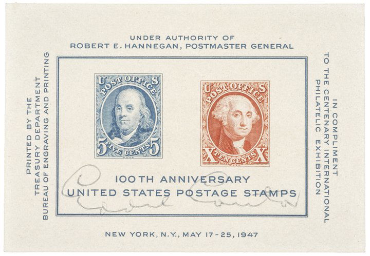 EDDIE CANTOR & PETER LIND HAYES Signed Stamps: Autographs EDDIE CANTOR, Entertainer & PETER LIND HAYES. Commemorative Philatelic Sheets Signed, “Eddie Cantor” and “Peter Lind Hayes” on May, 1947 sheets celebrating the “100th Anniversary