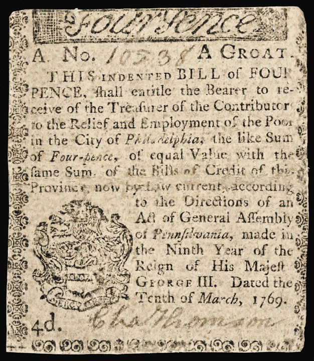 Colonial Currency 1769 PA CHARLES THOMSON Signed: Autographs March 10, 1769 “Relief and Employment of the Poor - City of Philadelphia” Pence Note Signed By Charles Thomson CHARLES THOMSON (1729 – 1824). Patriot Leader in Philadelphia during the