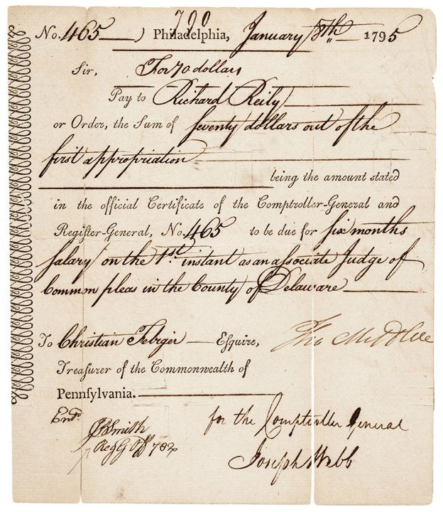 1795 Thomas Mifflin Signed PA Treasury Document (1 of 6)