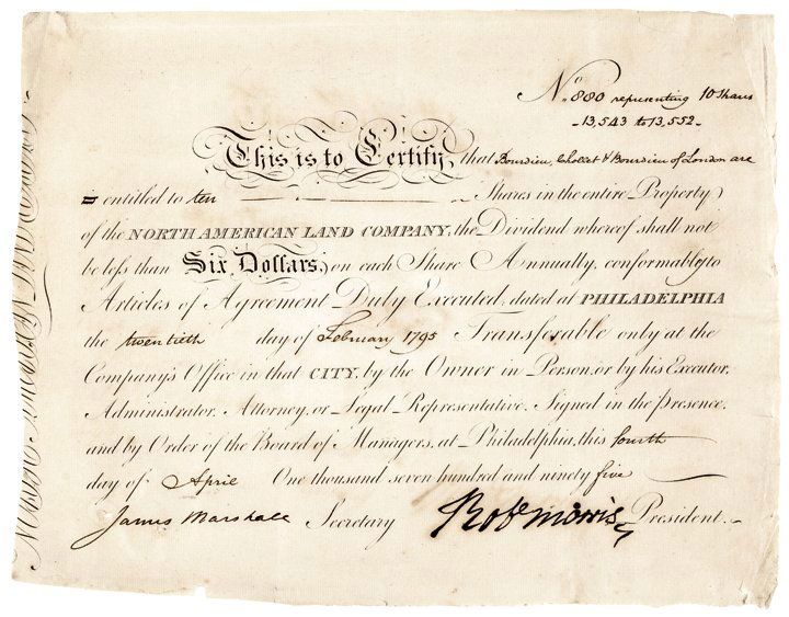 ROBERT MORRIS Autograph Signed Stock Document: Autographs Impressive 1795 Robert Morris Signed Financial Document ROBERT MORRIS (1734-1806). Signer of the Declaration of Independence, the Articles of Confederation, and the United States Constituti