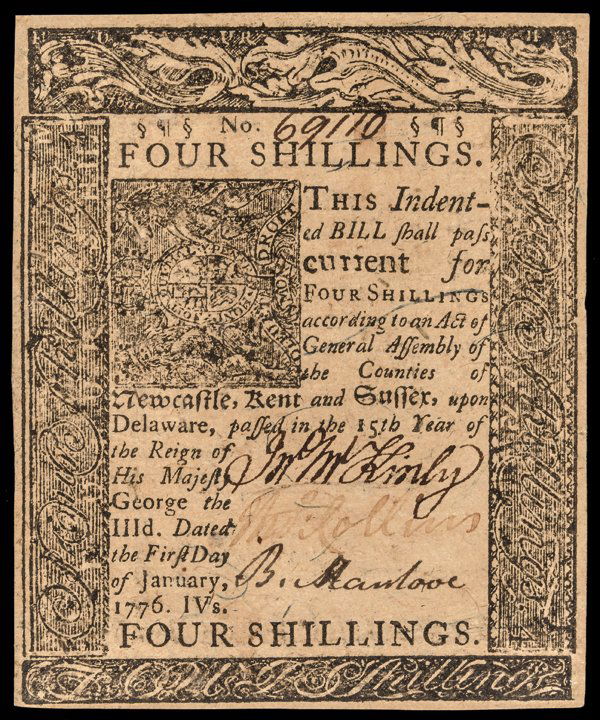 Colonial Currency DE. January 1, 1776 4s UNC. (1 of 2)