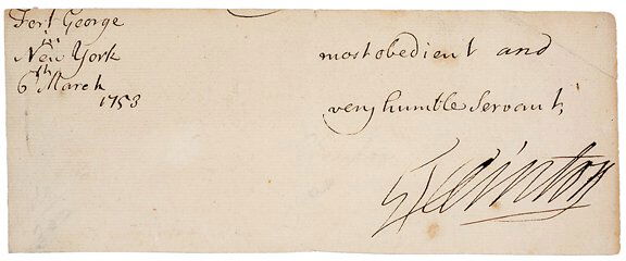 George Clinton Signed Document 1753: GEORGE CLINTON, Colonial Governor of New York.; Later Admiral in the British Navy. Manuscript Document Signed, "Geo Clinton" on fine, laid paper cut from a larger document, "Fort George" in New York,