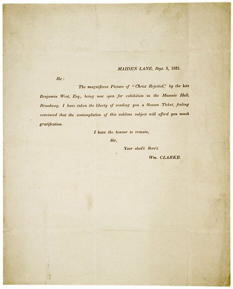 British Painter Benjamin West Document: (BENJAMIN WEST), British Portrait Painter, Founder and President of the Royal Academy. Printed Document dated September 5, 1831, signed in type by William Clarke, Maiden Lane, (NY), 7.75" x 9.5," Very