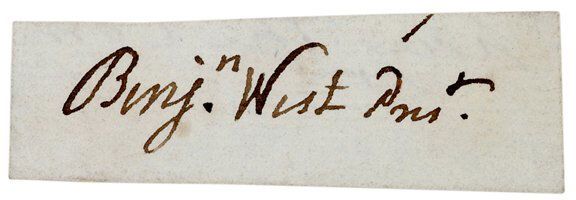 British Painter Benjamin West Signature: BENJAMIN WEST, British Portrait Painter, Founder and President of the Royal Academy. Clipped Signature "Benjn. West Prest." as president of England's Royal Academy, no date (between 1768 and 1820), no