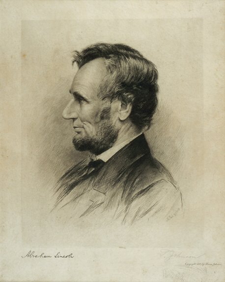 Abraham Lincoln Engraving, 1892: Abraham Lincoln Engraving, Signed By The Artist. A handsome rendering by an accomplished artist, Thomas Johnson, who signed, "T. Johnson," in pencil in the lower right border, 1892, 15" x 12" Extremel