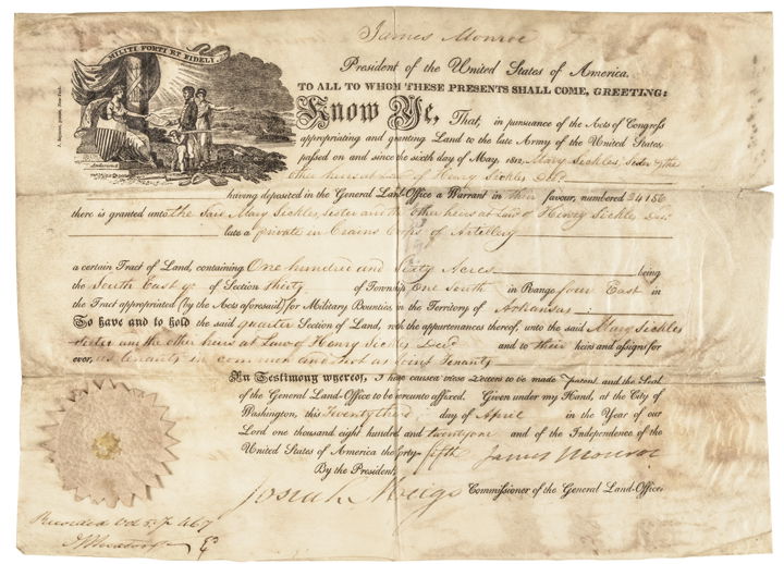 1821 President JAMES MONROE Signed Document: Autographs Ornate 1821 Dated “James Monroe” Signed Land Grant JAMES MONROE (1758-1831). 5th President of the United States. During the War of 1812, Monroe held the critical roles of both Secretary